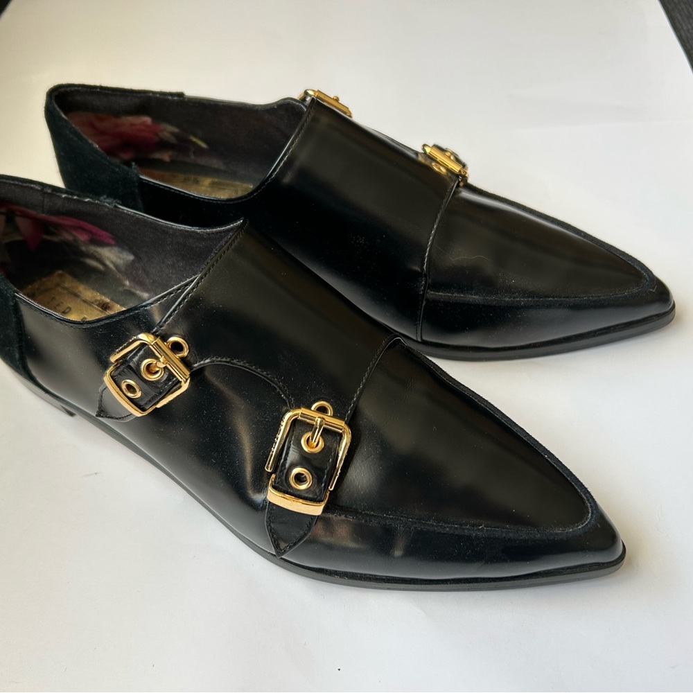 Ted Baker London black leather and suede buckled flats